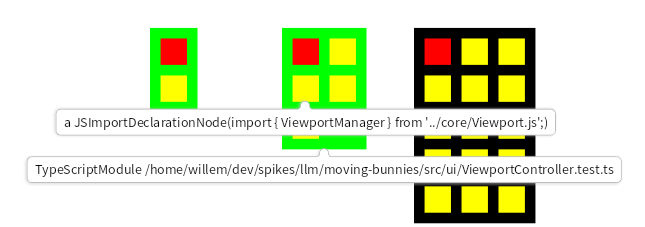 Screenshot, two test files with green border, one implementation file. Two hovers, one with an import, one with a file name